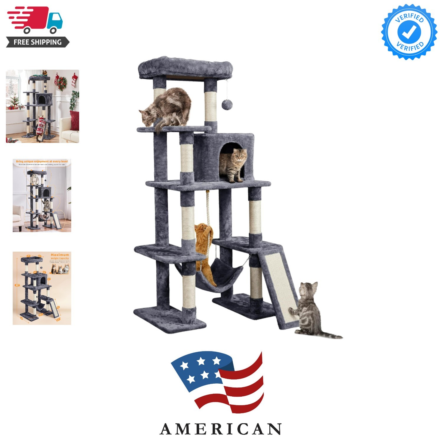 Large Multi-Level Cat Tree, 63 Inches Tall with Sisal-Covered Scratching Post...