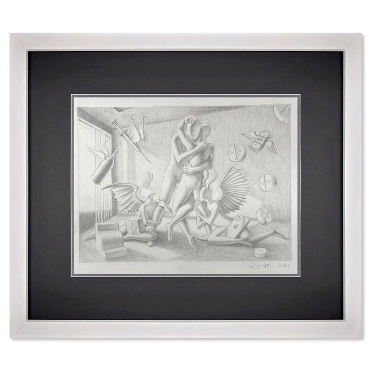 Mark Kostabi, "Unbreakable Bond" Framed Original Drawing on Paper, Hand Signed w