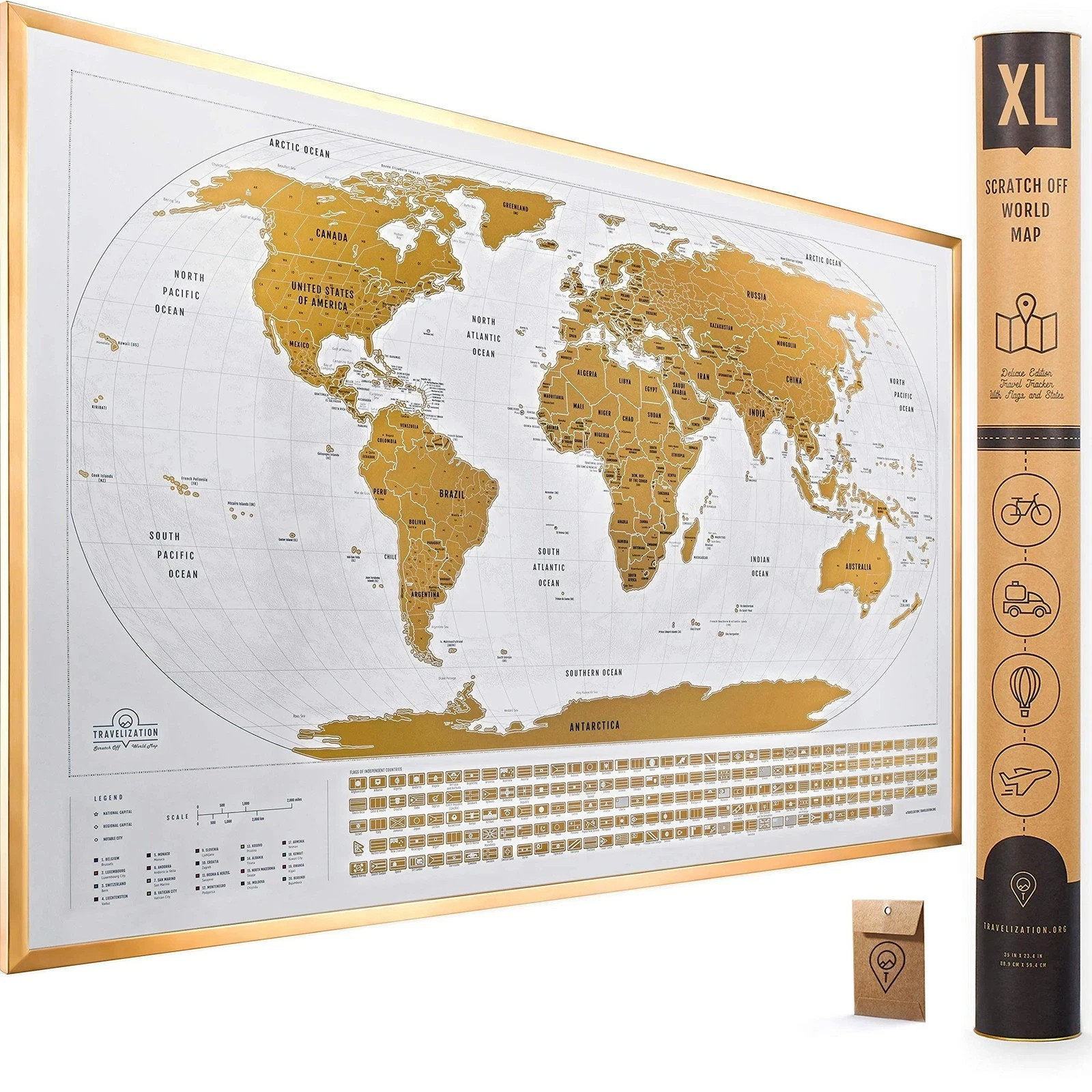 XL Scratch Off World Map with 196 Country Flags 36" x 24" Frameable Travel Ma...