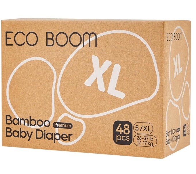 ECO BOOM Bamboo Baby Diapers Size 5 XL 48 Count for 26-37 lb Infants, Pure