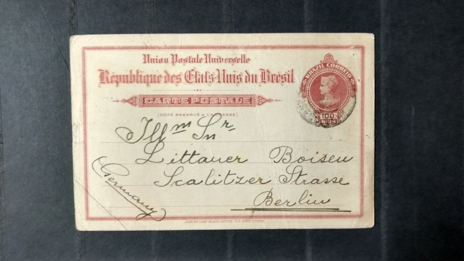 Brazil Early 100 Reis Post Card to Berlin