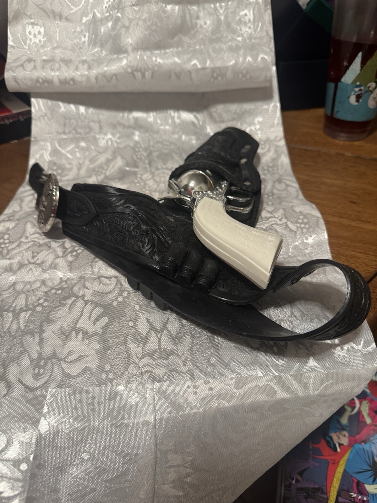 Vintage Cowboy Cap Gun Toy Revolver w/ Western Holster Silver Engraved Replica