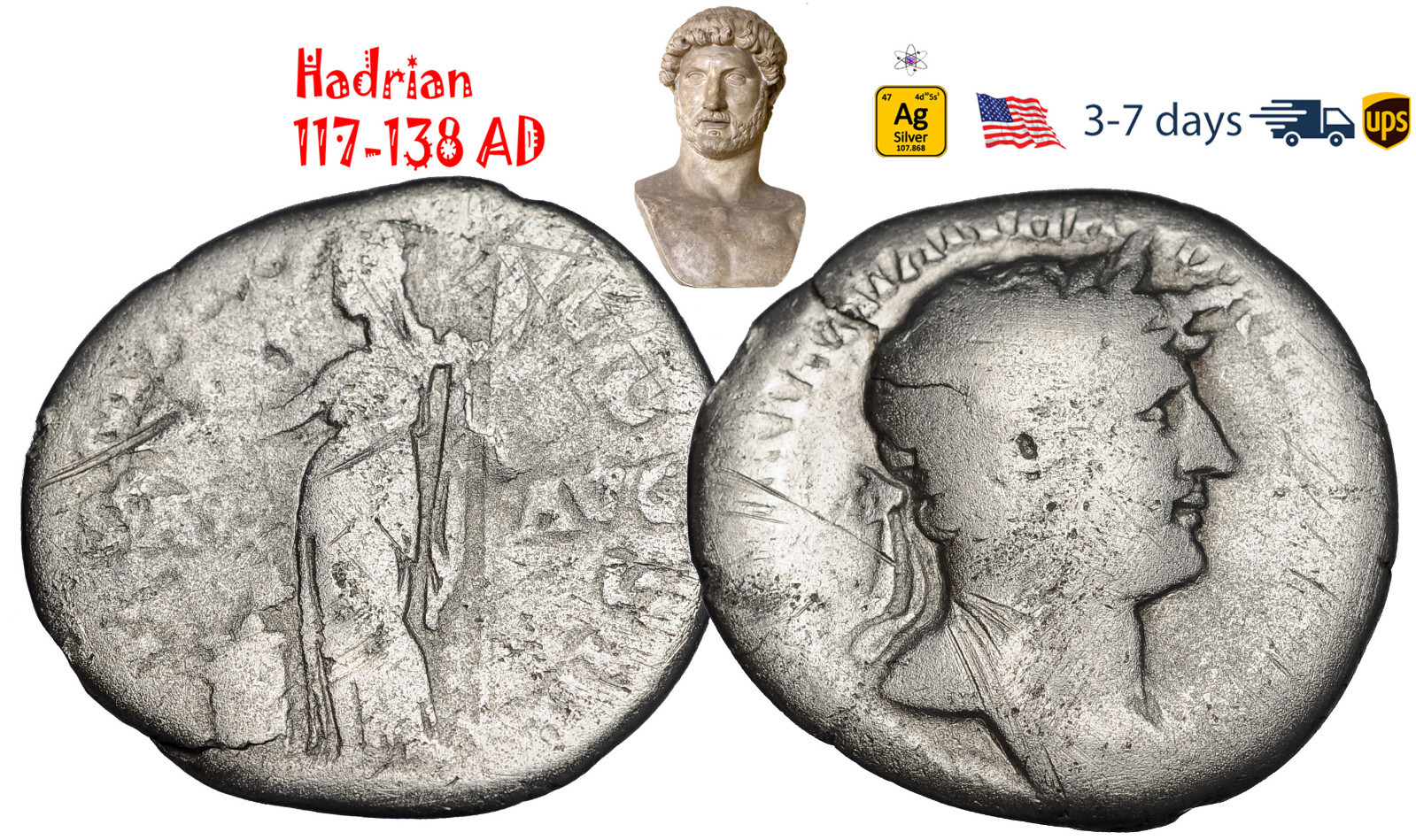 Ancient Roman Empire Coin Silver Denarius Hadrian 117 - 138 AD Authentic #33232