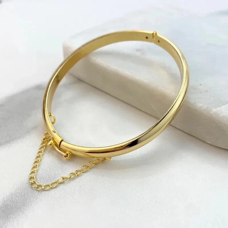 10K Yellow Gold Over Bangle Bracelet with Safety Clasp and Chain 7.75" For Women
