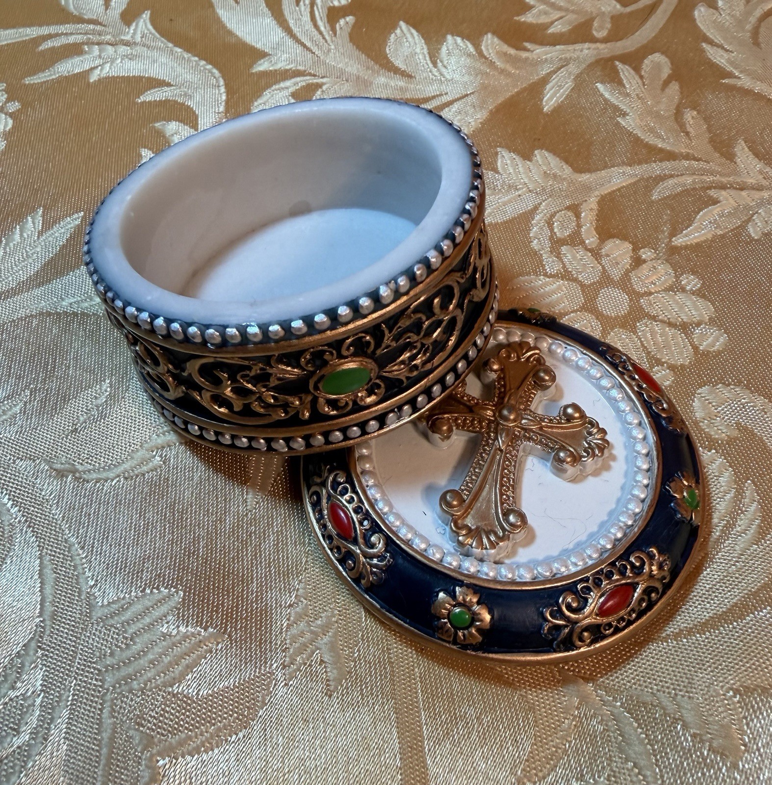 Trinket Or Rosary Round Box - Painted w/Golden Cross Diameter 2.5” Height 1.5”