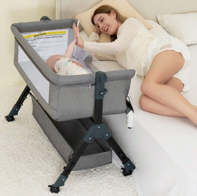 3-in-1 Bedside Crib Bassinet w/ Storage Basket & Mosquito Net - Adjustable Heigh