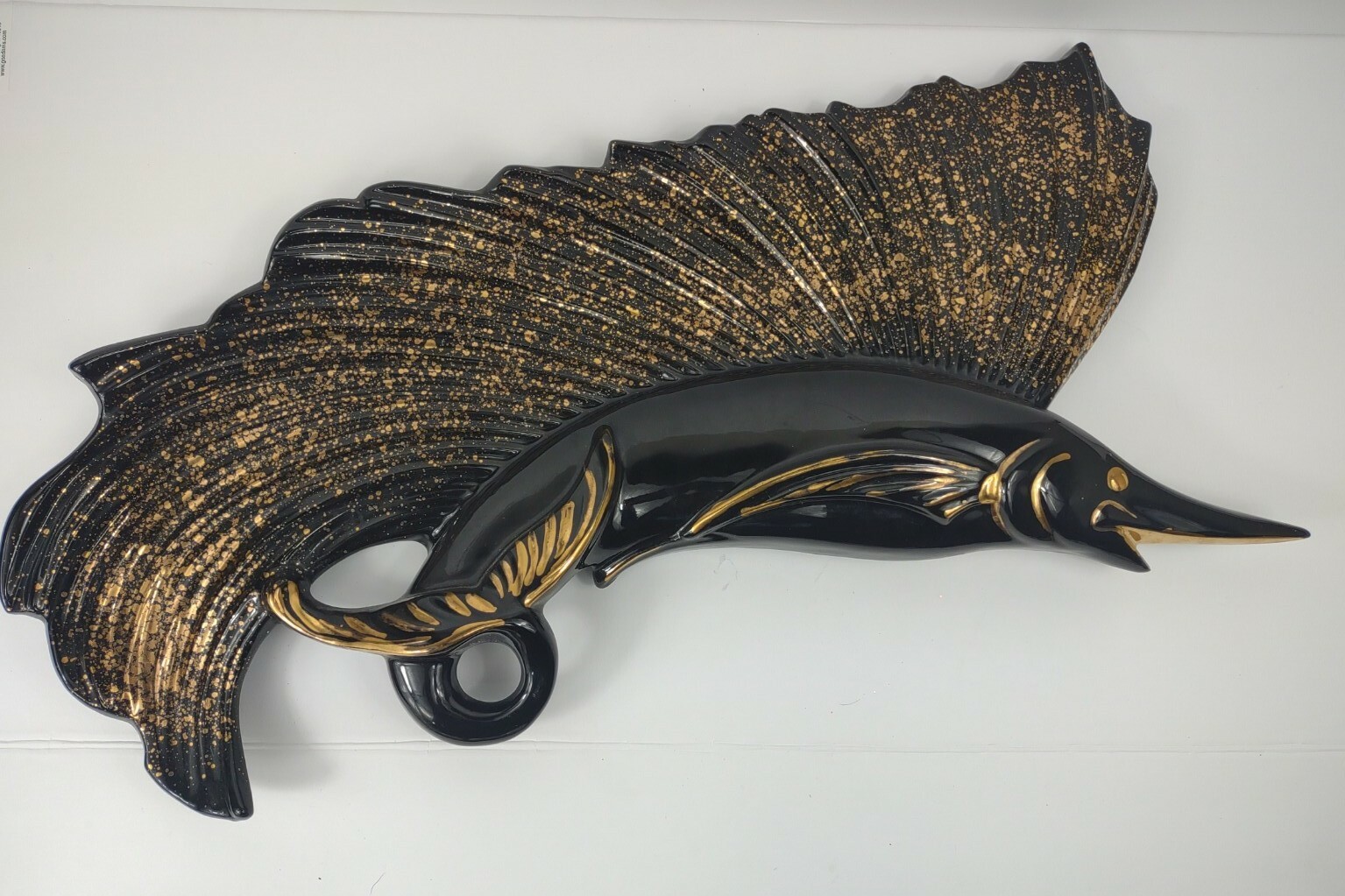 Mid Century Ceramic Marlin Swordfish Black Gold Large Wall Hanging Decor Vintage