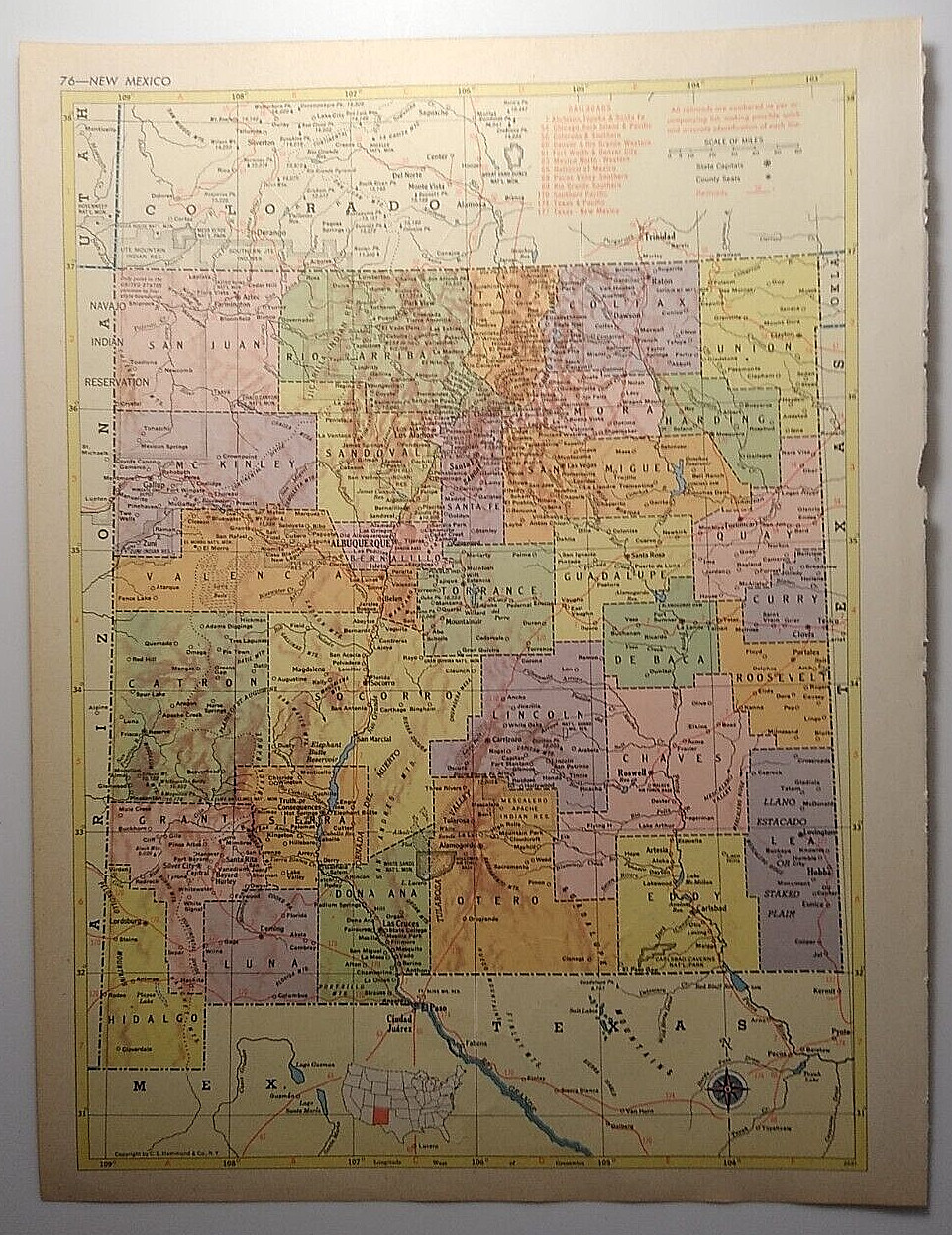 1955 Antique NEW MEXICO Atlas Map Vintage MCM Hammond's New Supreme World Atlas