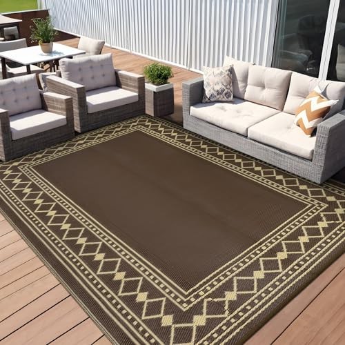 Outdoor Rug 8x10 Waterproof Patio Rugs Modern Bordered Reversible Mat for 