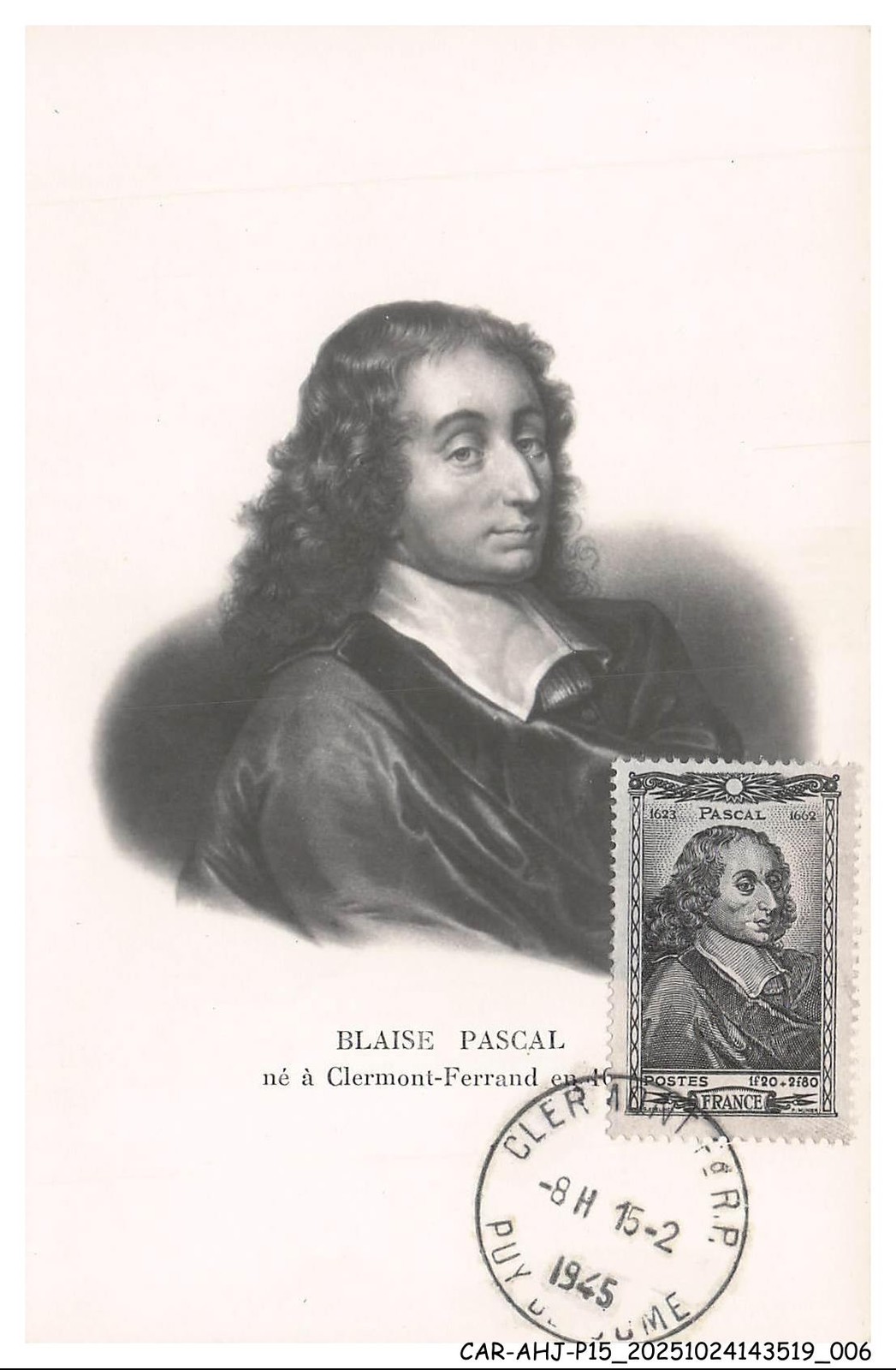 CAR-AHJP15-0690-MAXIMUM - Blaise Pascal - Born In Clermont-Ferrand - 1945