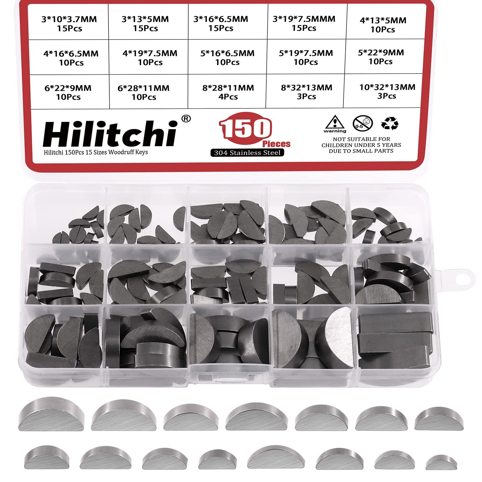 Hilitchi 150Pcs 15 Sizes Carbon Steel Woodruff Keys Half Moon Silver 