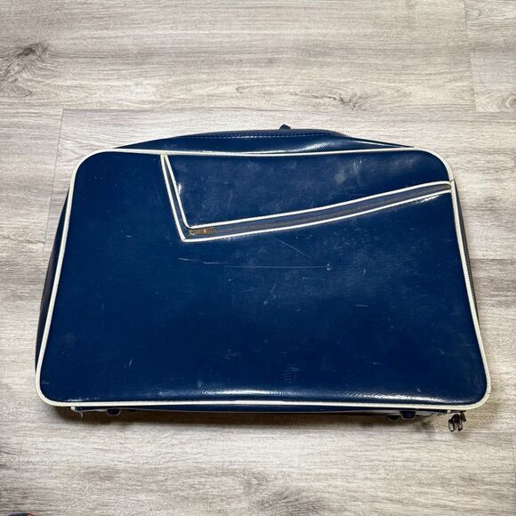 Vintage blue patent leather vinyl travel suitcase