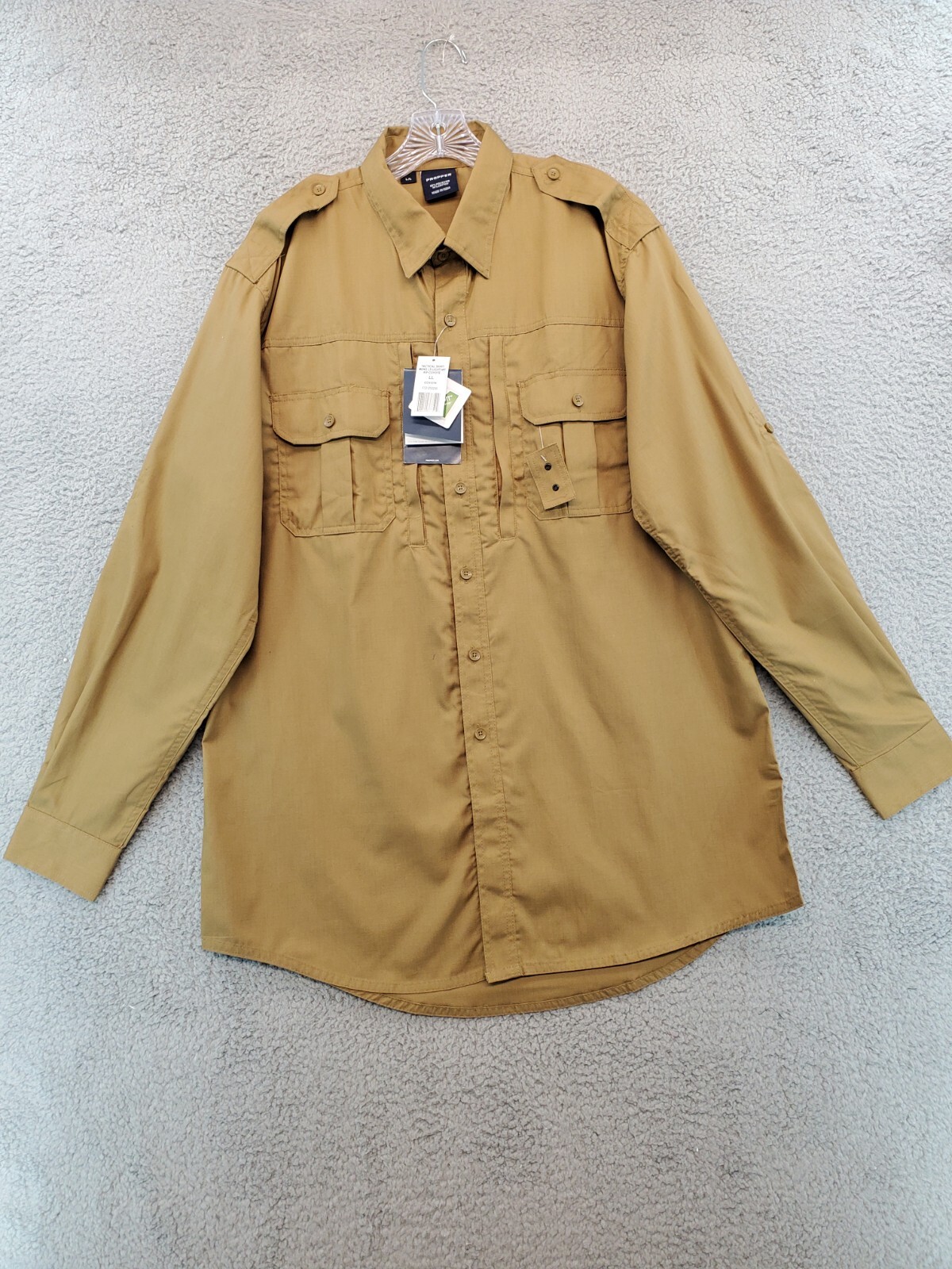 Men's Propper  Tactical Long Sleeve Button Up Khaki Shirt Teflon Size L/L NWT