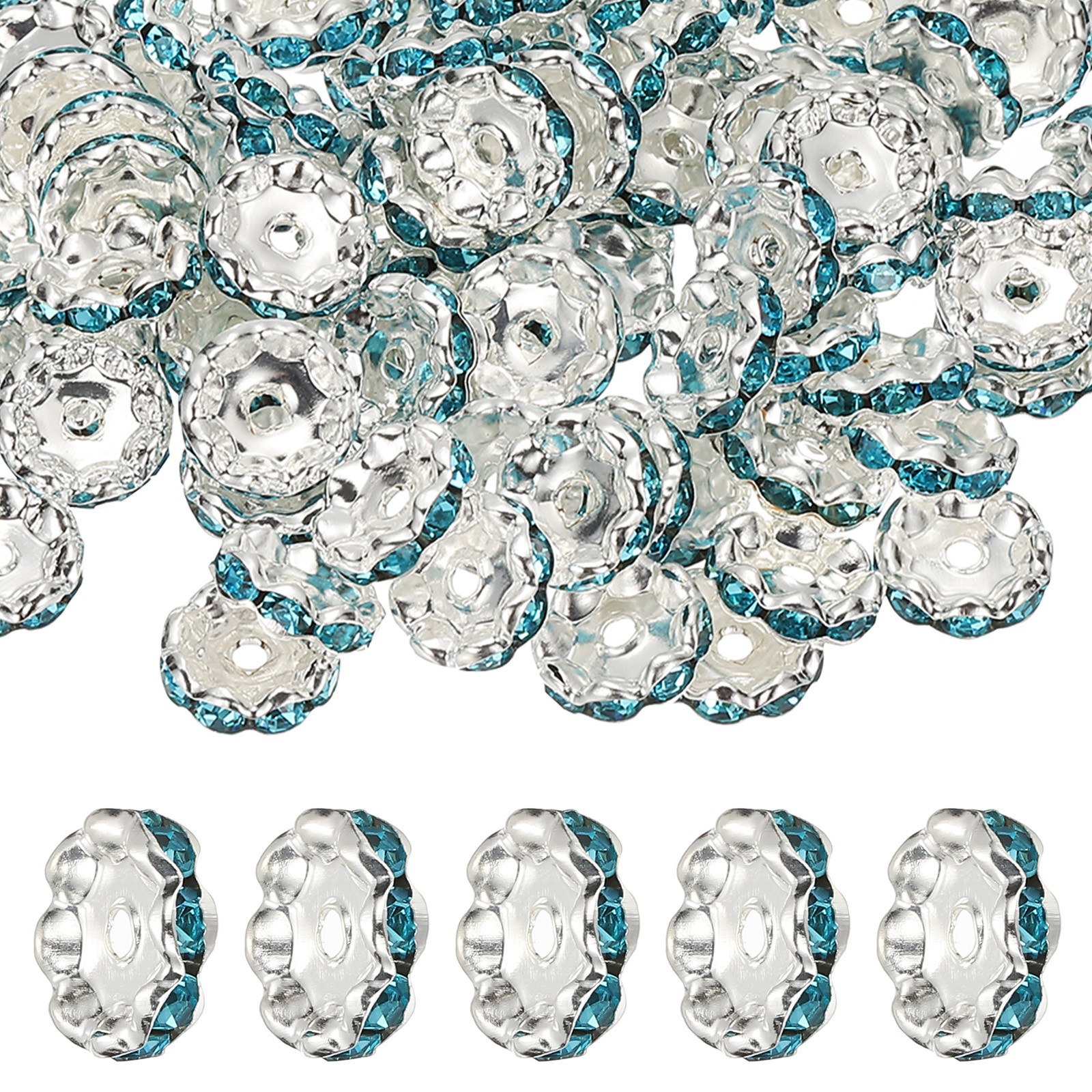 12mm Wavy Rhinestone Spacer Beads, 100 Pack Loose Beadable, Lake Blue