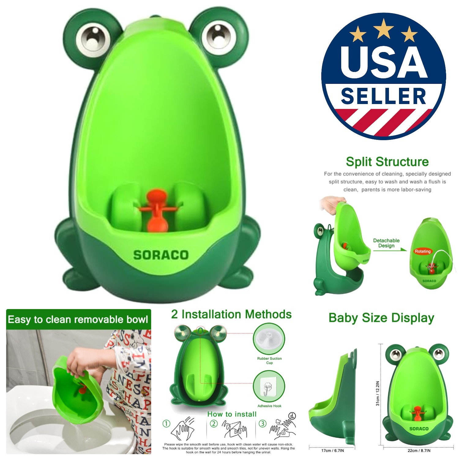 Adjustable Green Frog Urinal for Boys - Fun Potty Training with Aiming Target