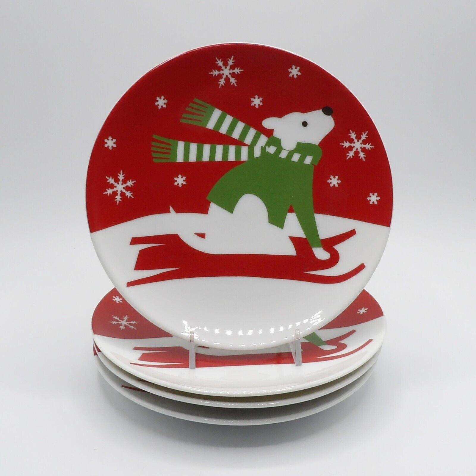 SNOWPUP BY CRATE & BARREL SALAD DESSERT PLATE CHRISTMAS HOLIDAY EUC SET OF 4