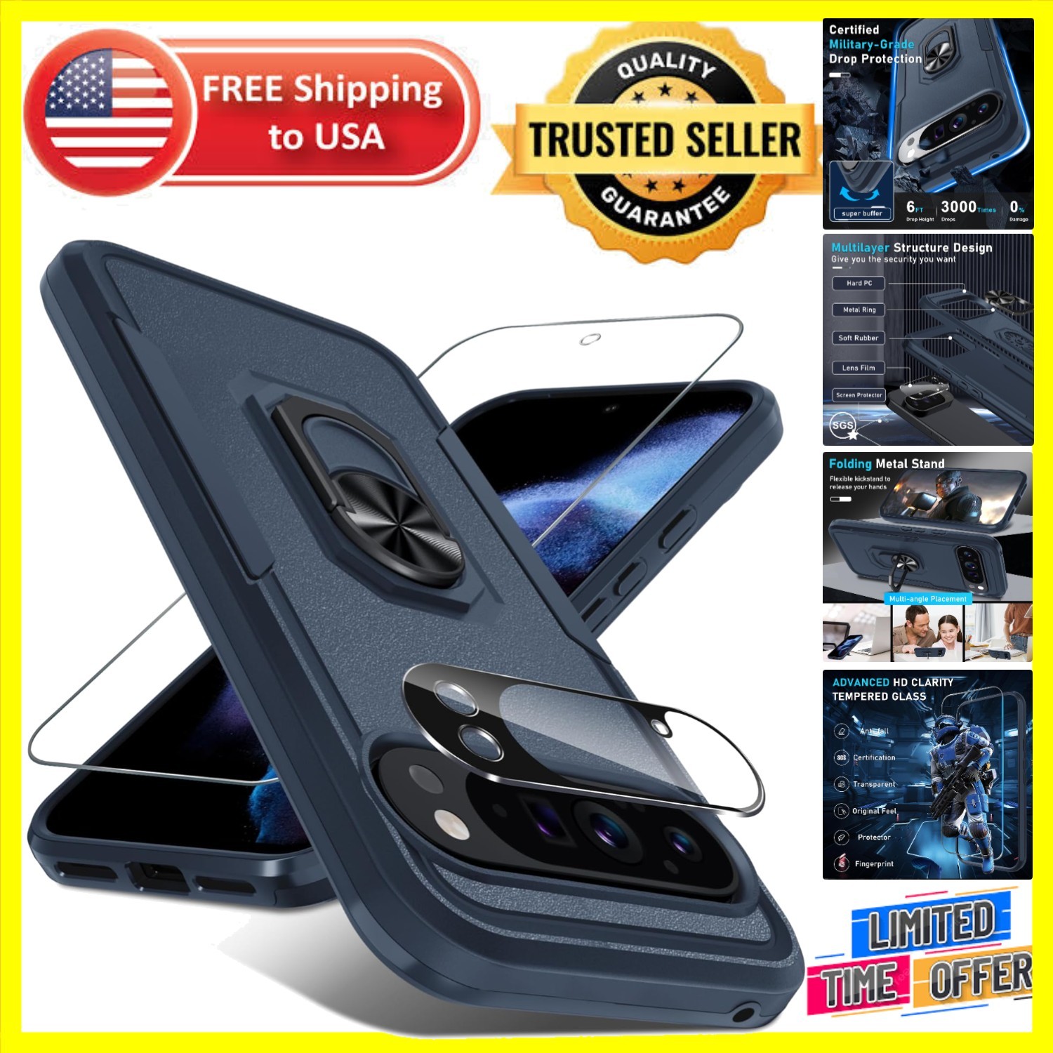 Navy Blue Heavy Duty Case for Google Pixel 10 Pro XL with Kickstand & Protectors