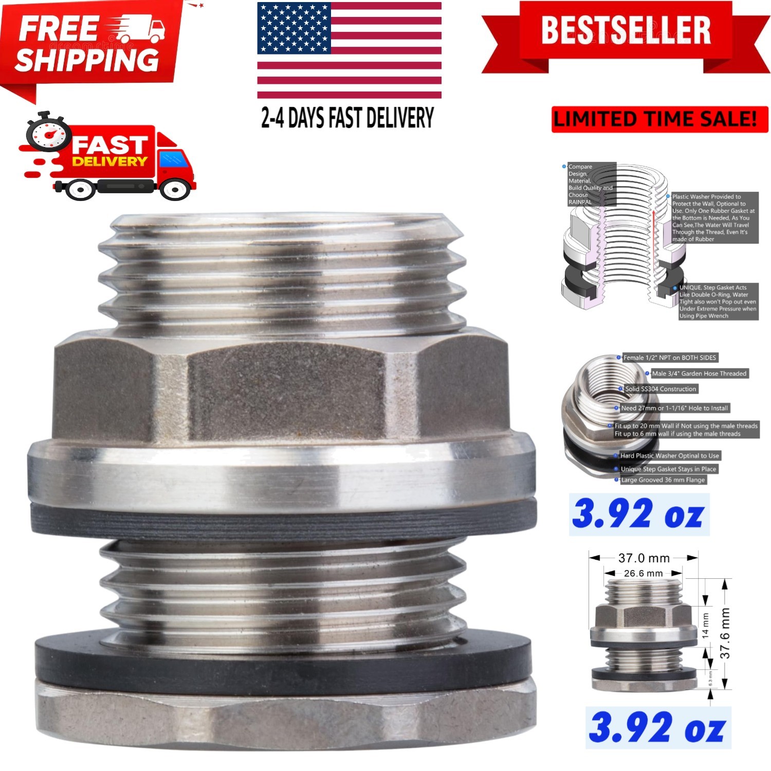 SSBF020 Stainless Steel 304 Bulkhead Tank Fitting Double Female 1/2” NPT/FIP ...