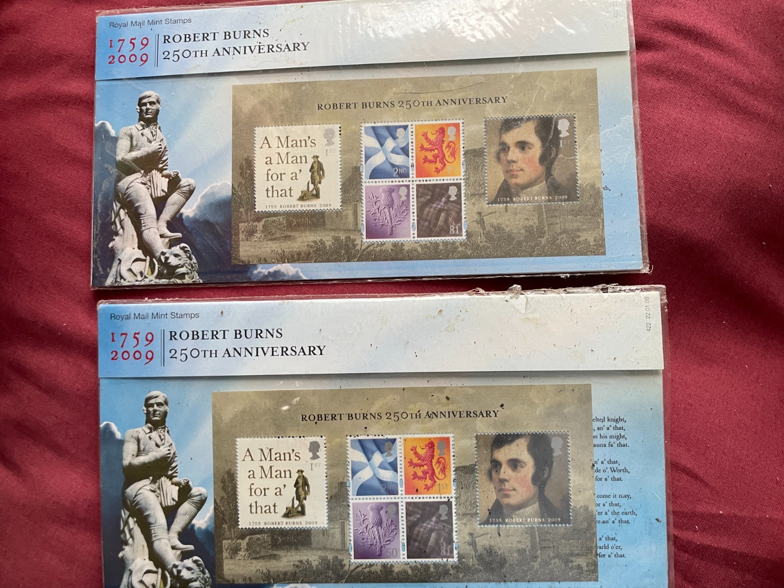 2 X GB STAMPS PRESENTATION  PACKS ROBERT BURNS 260TH ANNIVESARY PACK 422 2009