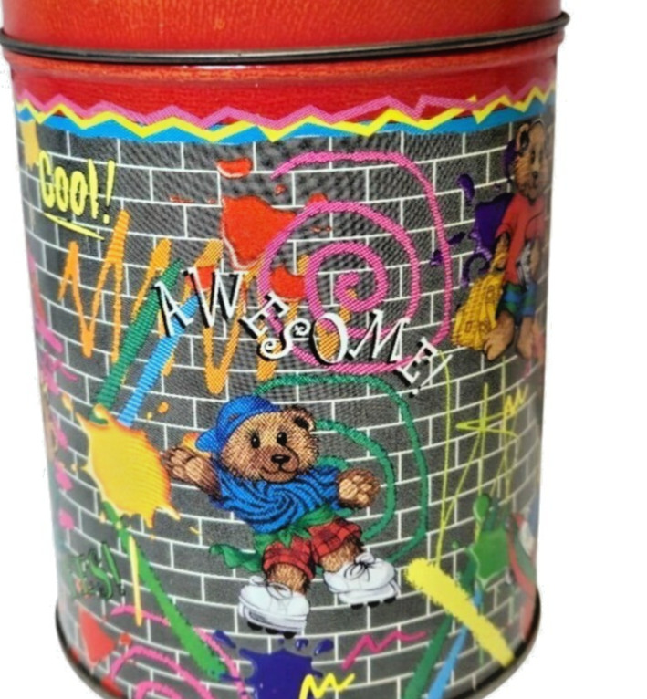 Vintage Tin 1980-90s neon teddy Bear Walkman hip hip paint splatter graffiti