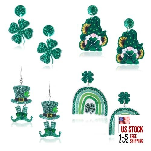 4 Pairs St. Patrick's Day Earrings Shamrock Dangle Accessories Irish Style B2