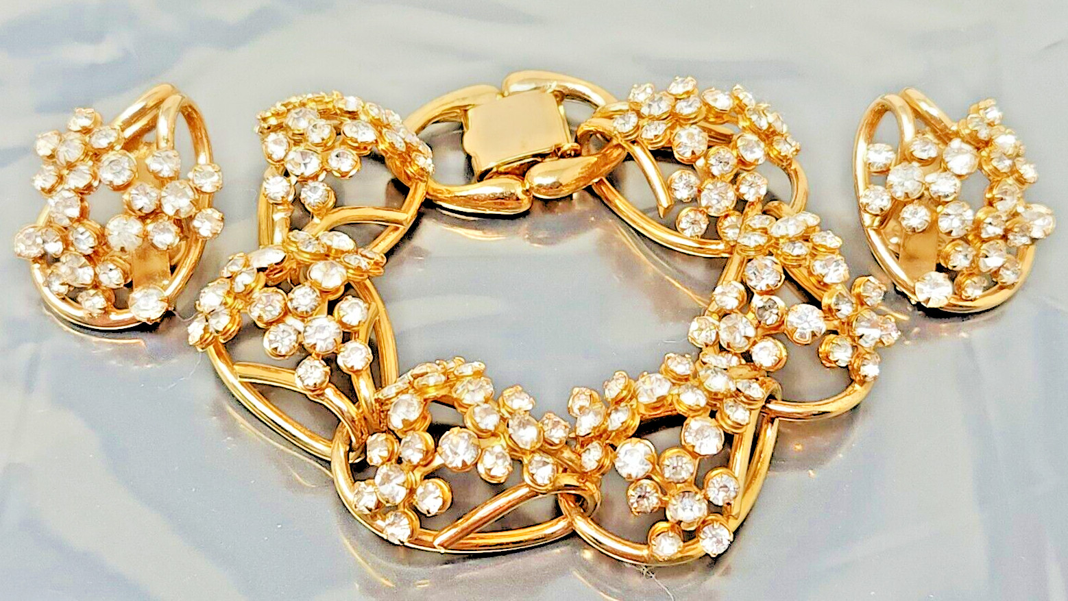 Vintage Juliana White Rhinestone Gold tone Link Bracelet Earrings Set