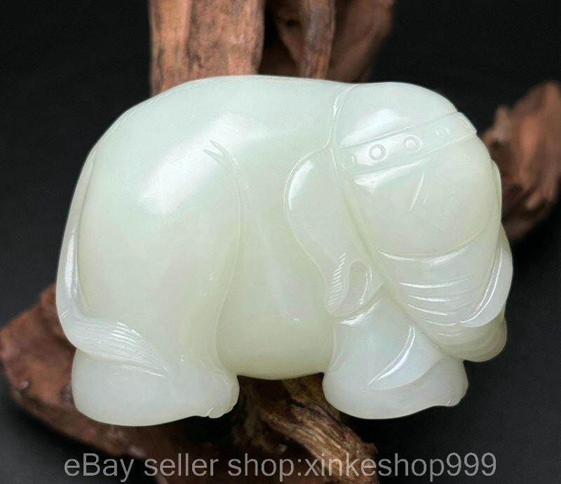 2.4" Chinese Natural Hetian White Jade Carving Fengshui Animal elephant Statue