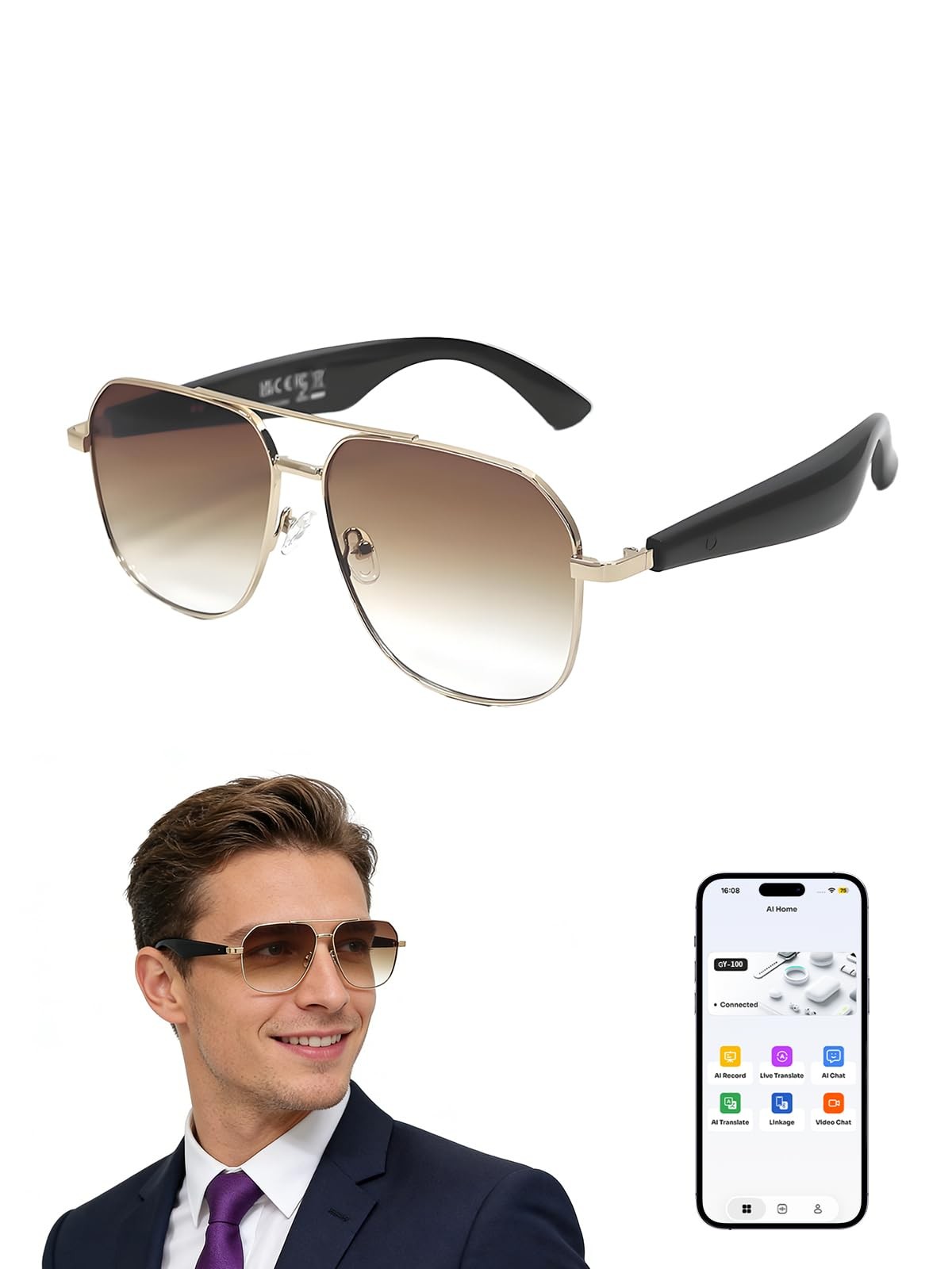 Bluetooth Sunglasses for Men, AI Smart Glasses with Open-Ear Speakers for Mus...