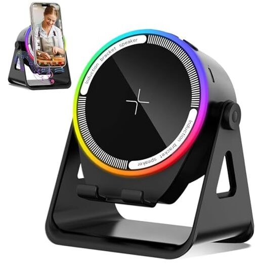 Wireless Induction Speaker, 4-in-1 Wireless Charging Station with RGB Black