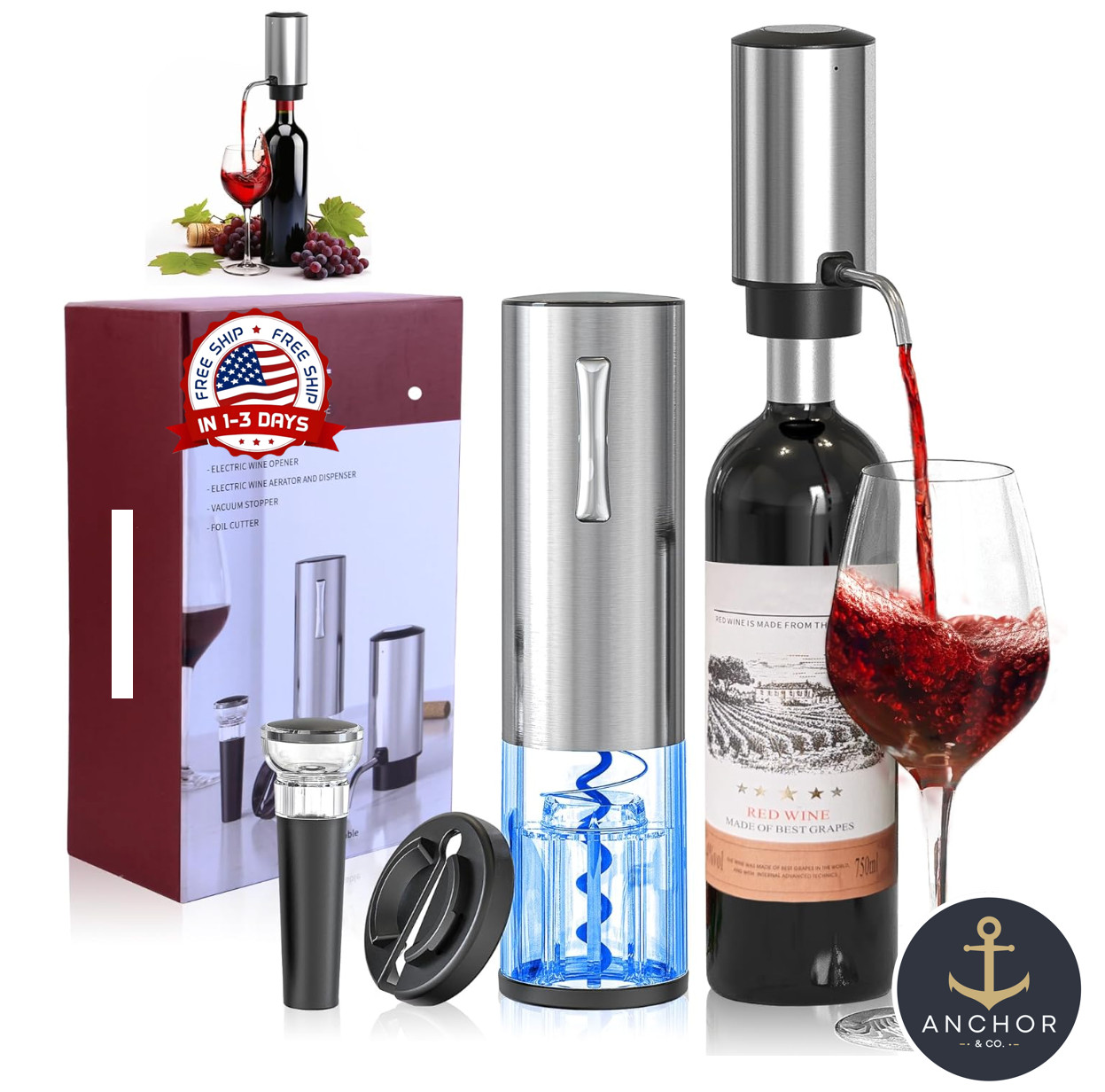 Electric Wine Abridor Eléctrico 4 en 1 Recargable con Aireador y Cortacápsulas