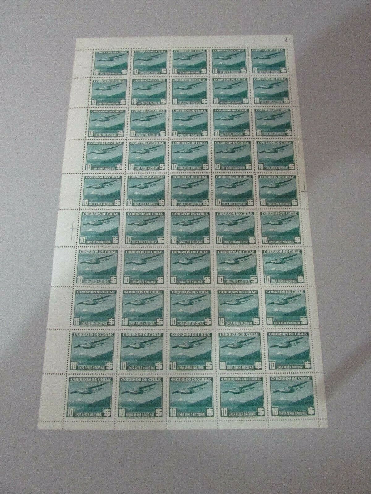 CHILE 1941-42 LAN Airplane TOP VALUE 10 pesos full sheet MNH