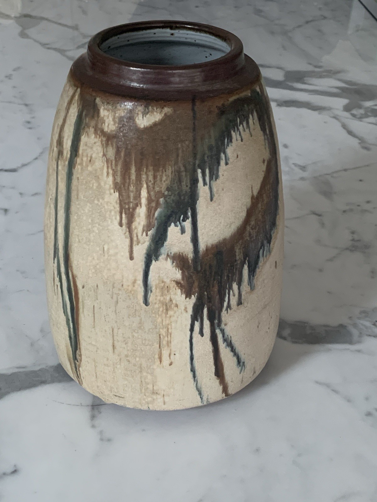 Large 10x6” Signed Sockwell Studio Art Pottery Vase Brown Green Drip Glaze MCM