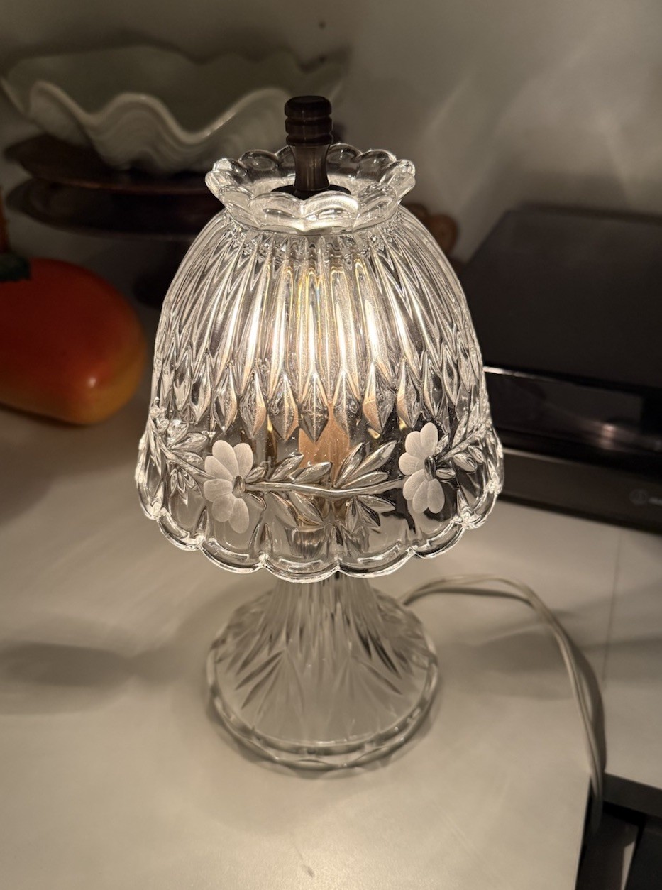 Princess House Leaded Crystal Glass Accent Etched Flowers Vintage Lamp Plug In