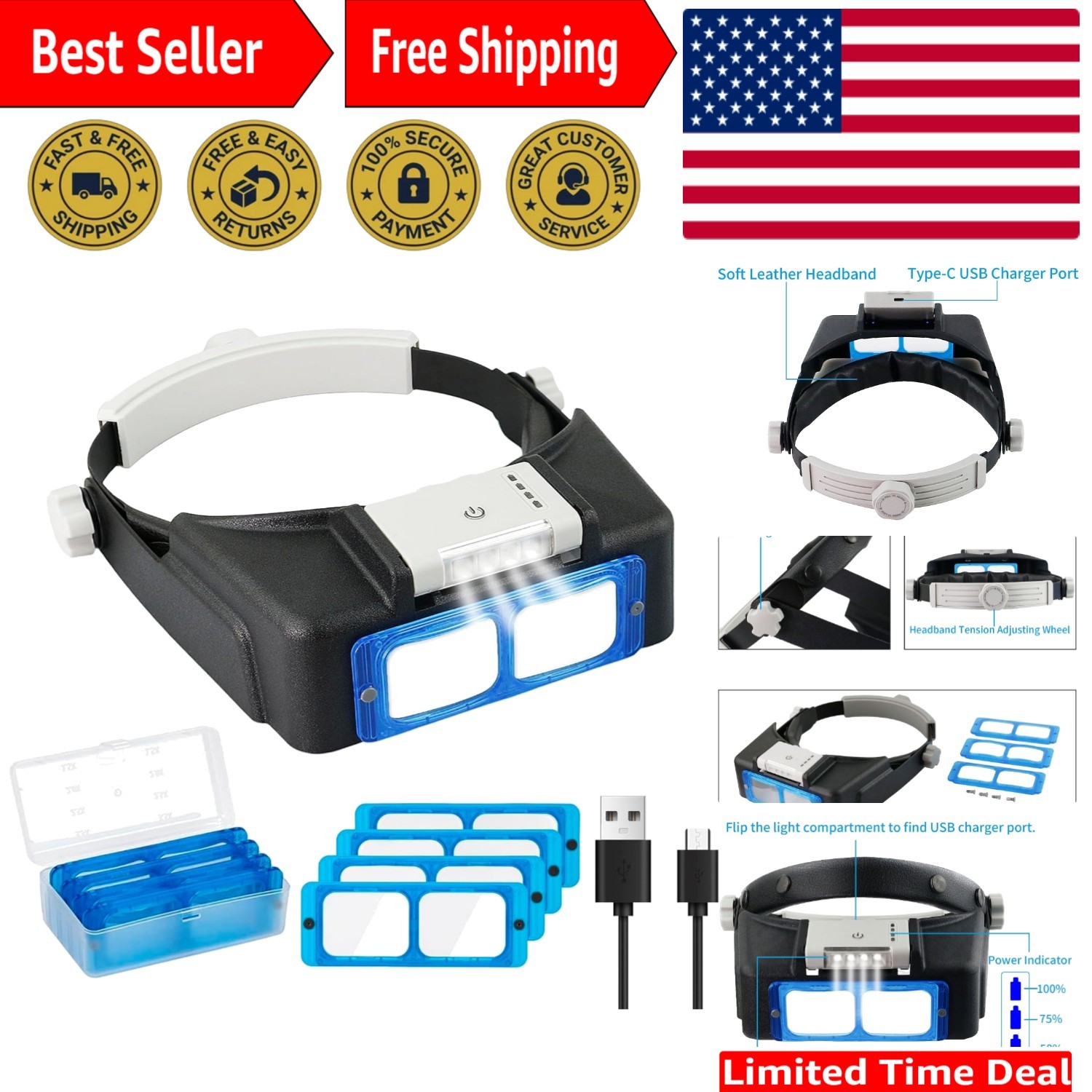 Rechargeable Head-Mounted Magnifier with LED Light, Headband Double Lens Illu...
