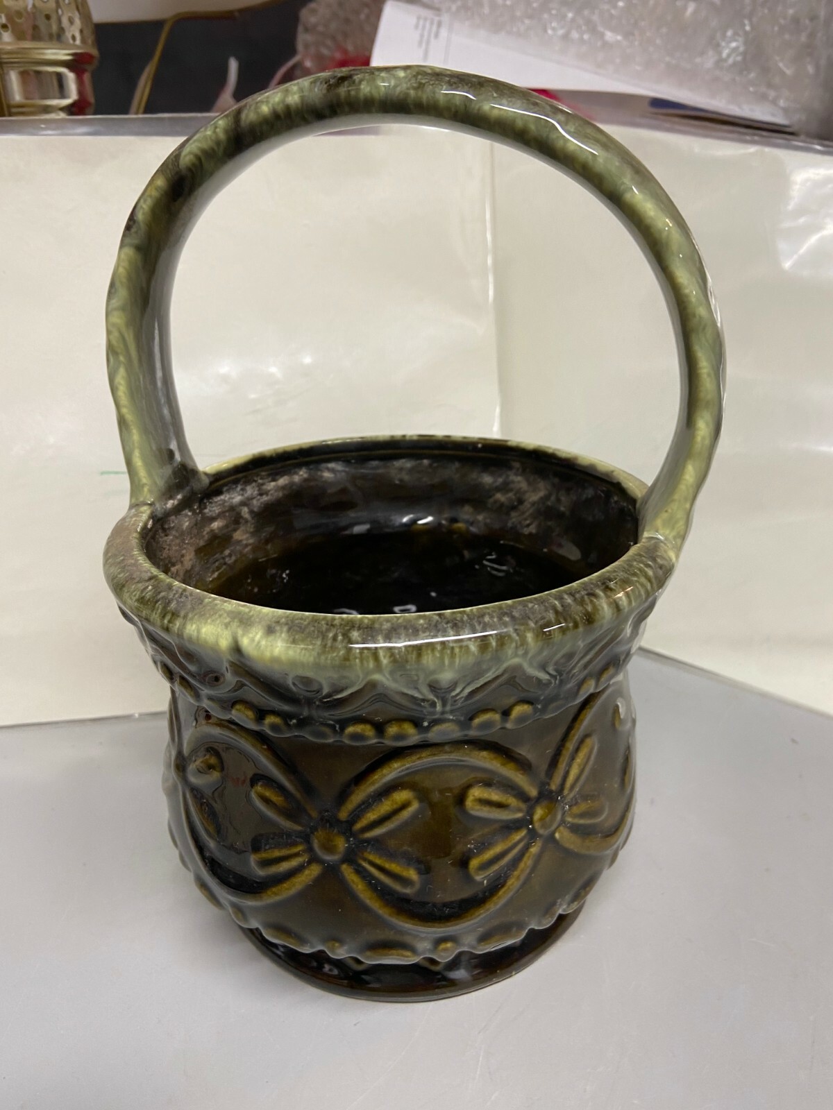 Vintage Hull Pottery Green Drip Glaze Embossed Basket Planter 9" T x 5 3/4" W