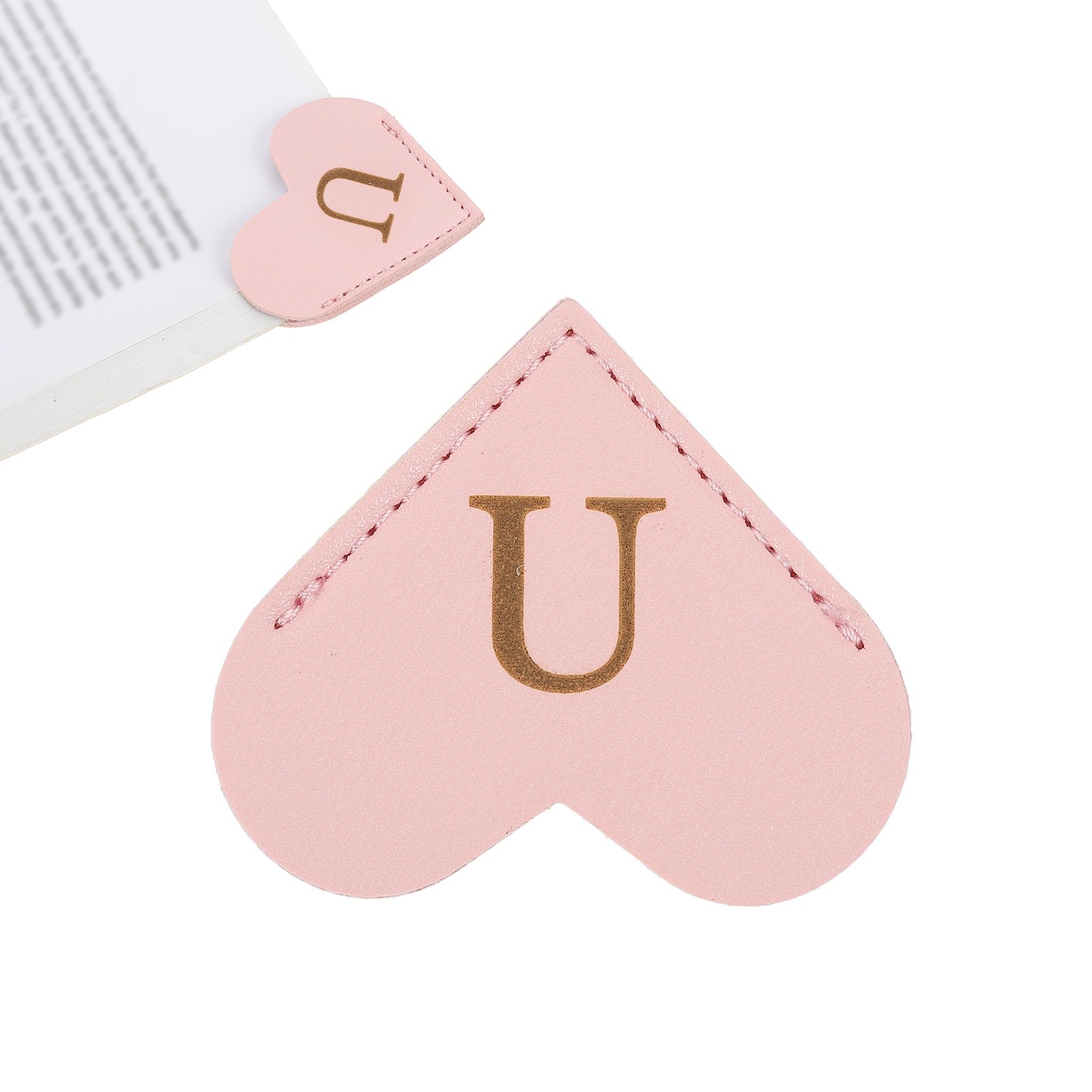Initial U Corner Bookmarks,  Heart Shape Leather Book Marks Markers, Pink