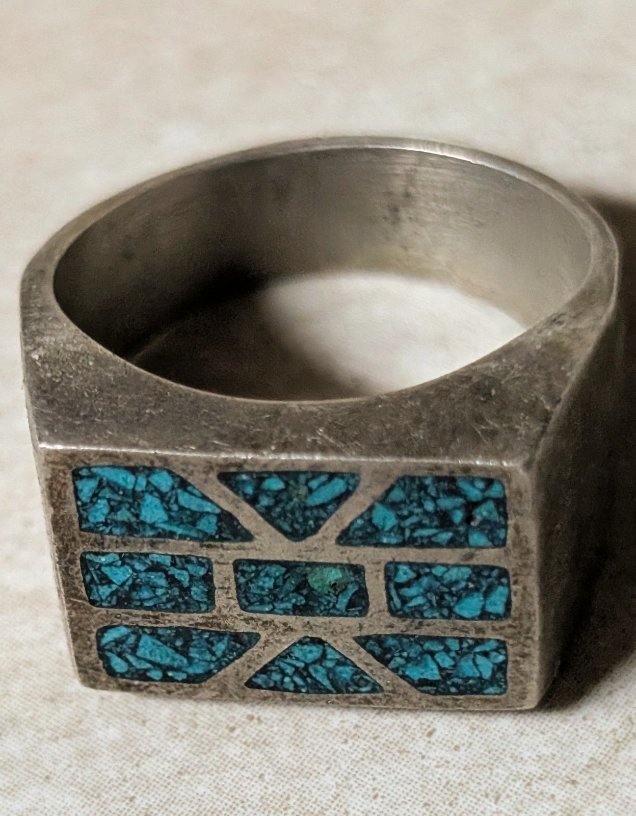 Vintage Size 8.5 Turquoise Inlay Sterling Silver Mexico Chunky Men’s Ring