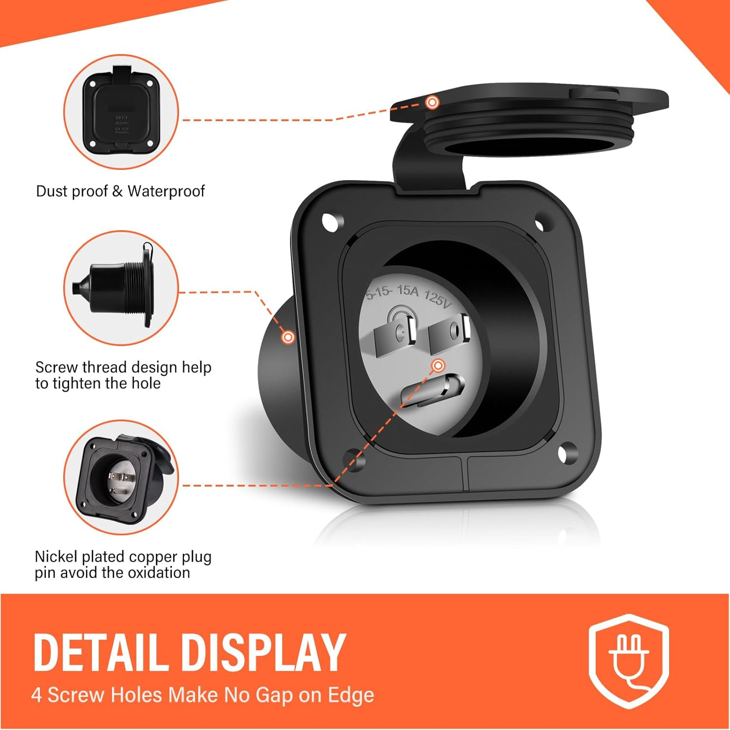 15 Amp Flanged Inlet 125V NEMA 5-15 RV Shore Power Inlet Plug W/Waterproof & Bac