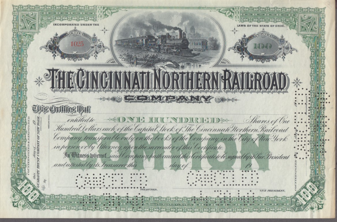 Cincinnati Northern Railroad 100 share stock certificate unissued ca 1890