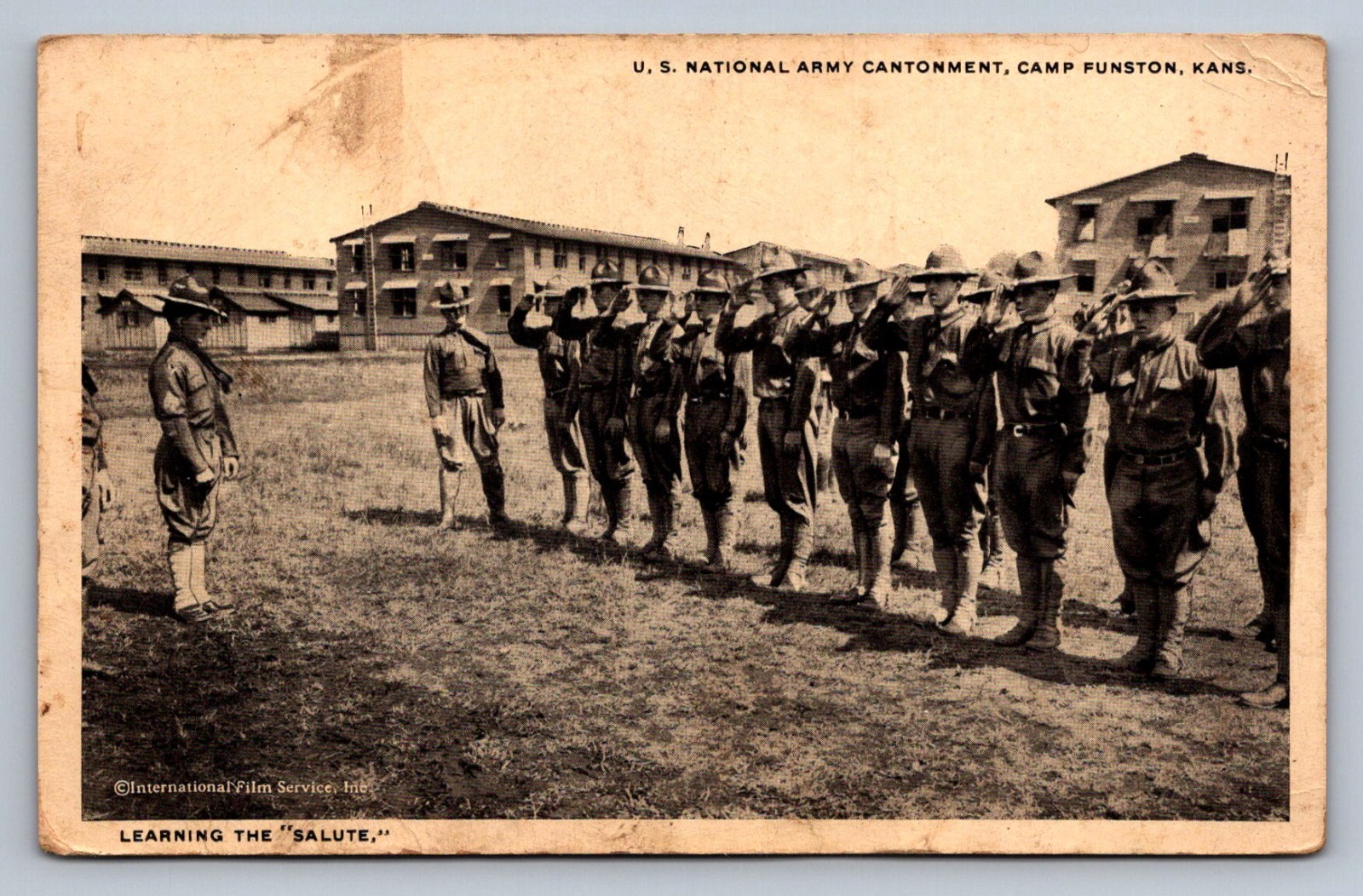 Postcard  Kansas Camp Funston Army Cantonnment Learning Salute WW I N070