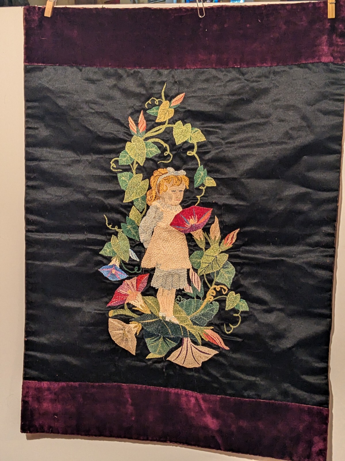 Exquisite 1840 Victorian Silk Mourning Needlework w/Young Girl & Morning Glories