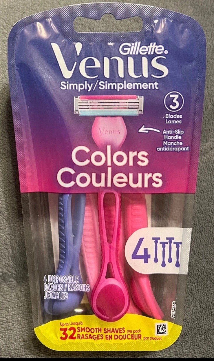 Gillette Venus Simply Razors Colors Anti-Slip Handle 4 Count Razors 3 Blades