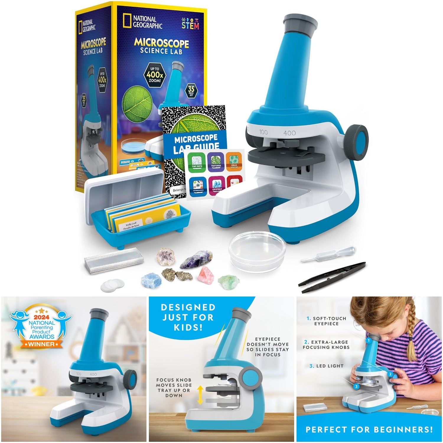 Kids Microscope Up To 400x Zoom Science Kit Blank Prepared Slides Rock Mineral