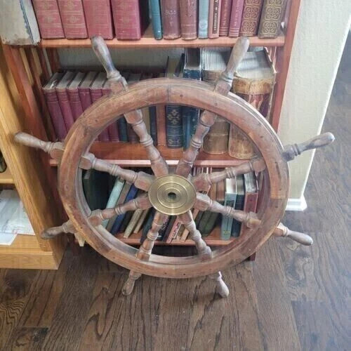 30'' Vintage Nautical Maritime Wooden Ship Steering Wheel Brass Marine Decor