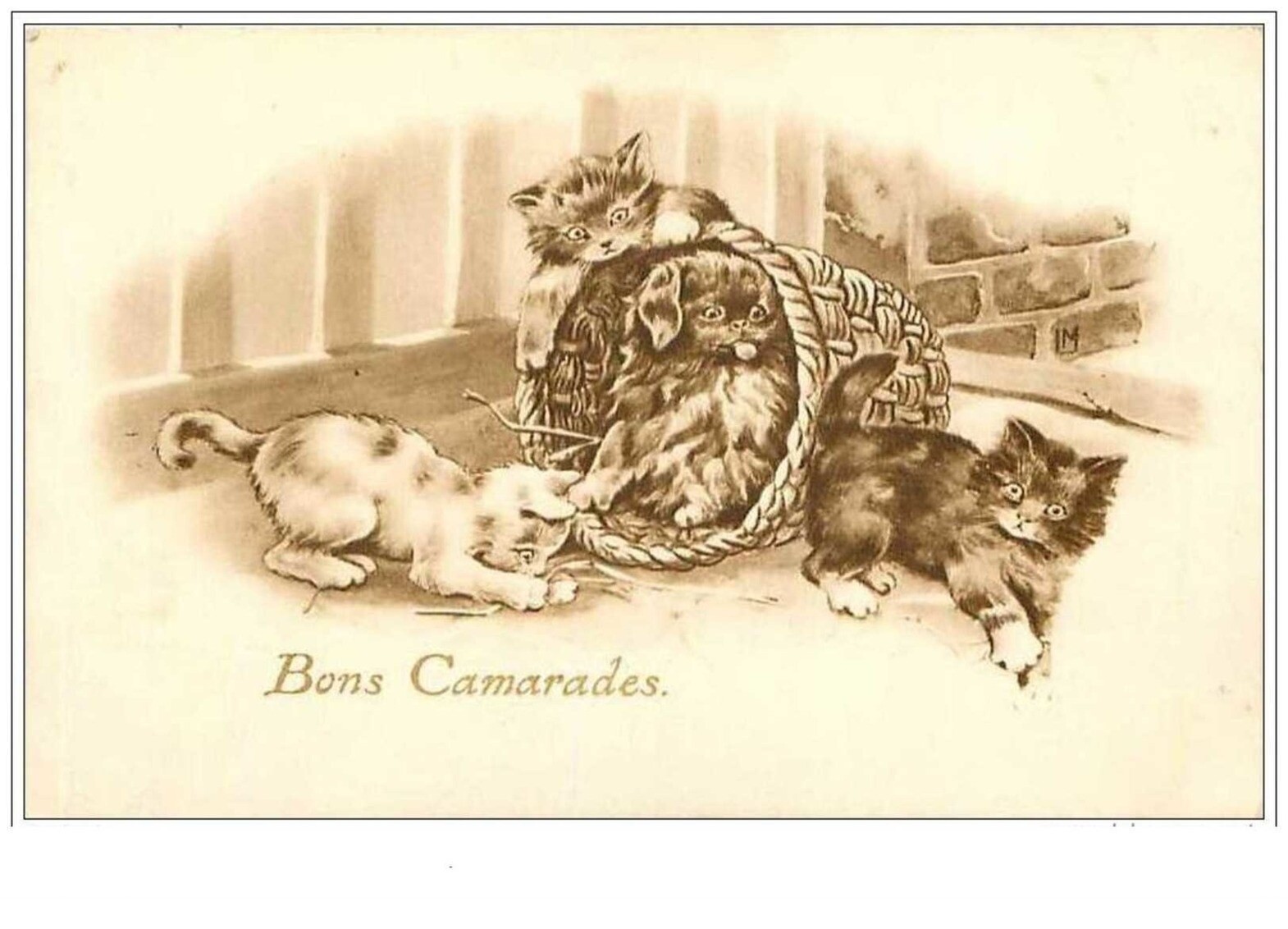 Cats No. 966 Good Friends Kittens And Puppies Playing Together In A Basket