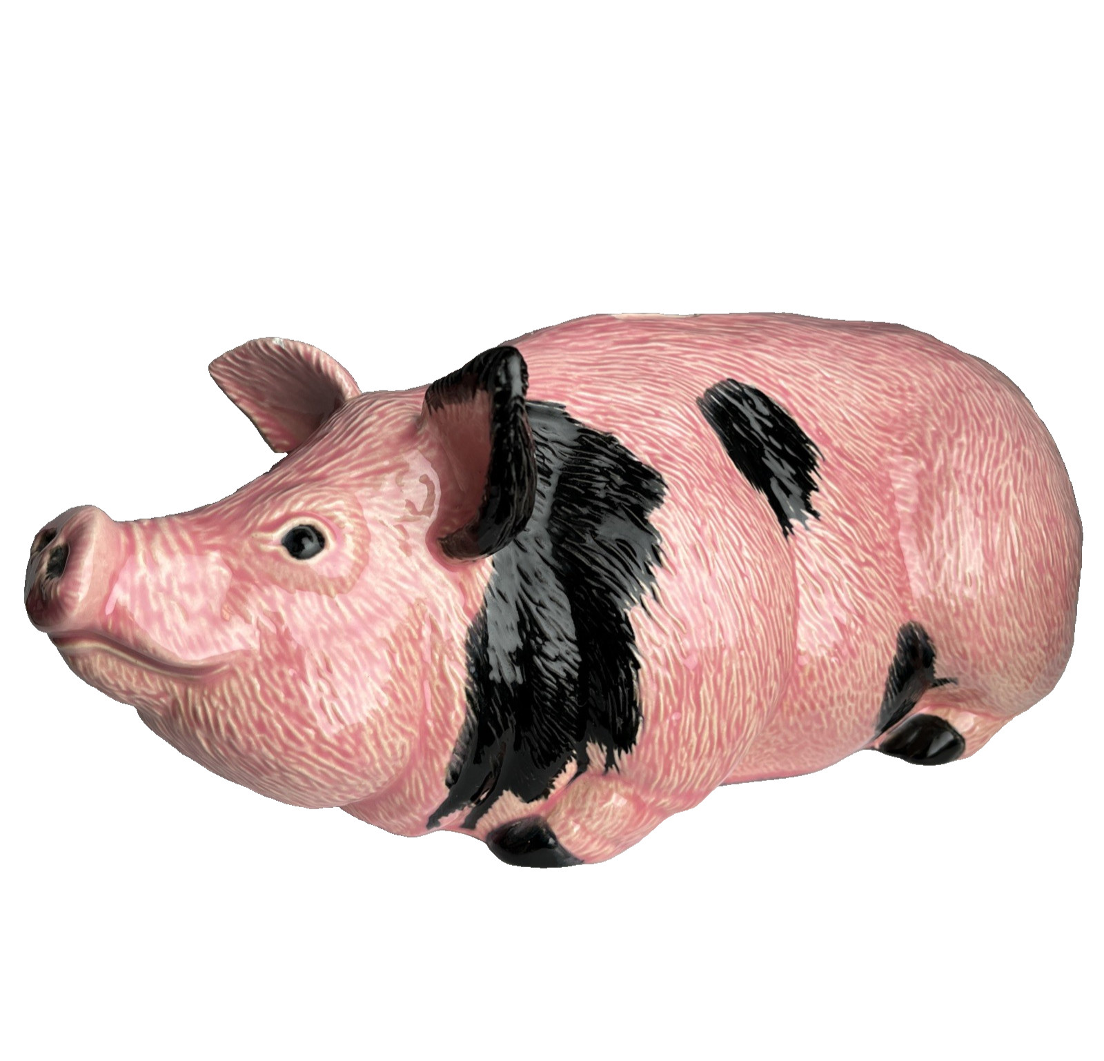 Vintage 1988 Arnel’s Piggy Bank Black & Pink Detailed Ceramic 13” Long 5” Wide