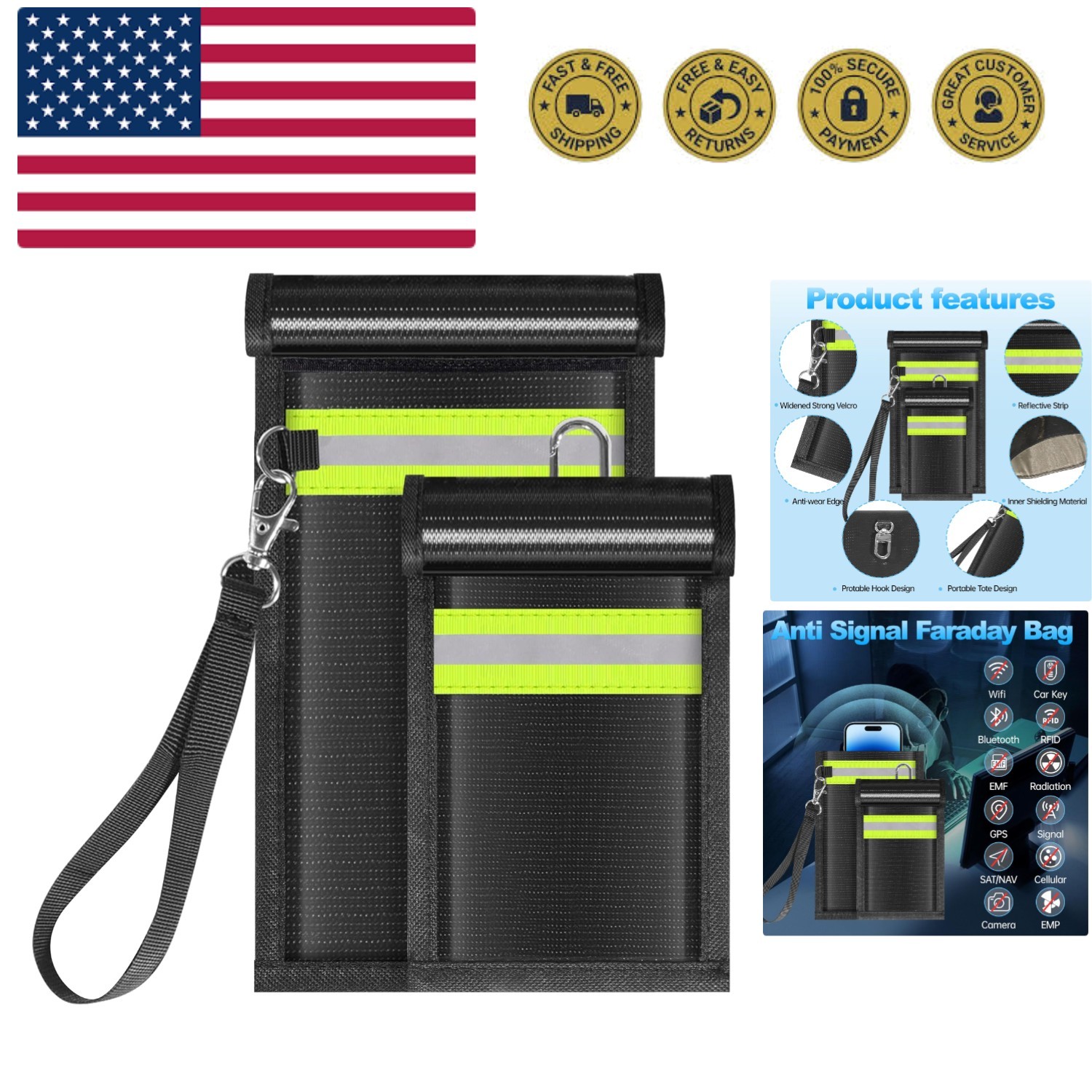 2 Pack Faraday Bags,Portable Faraday Key Fob Protector EMP Protection Bags,Fa...