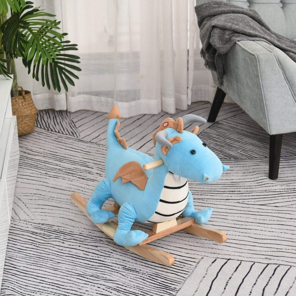 Kids Plush Dinosaur Rocking Ride-On with Sounds for 18-36 Months, Blue