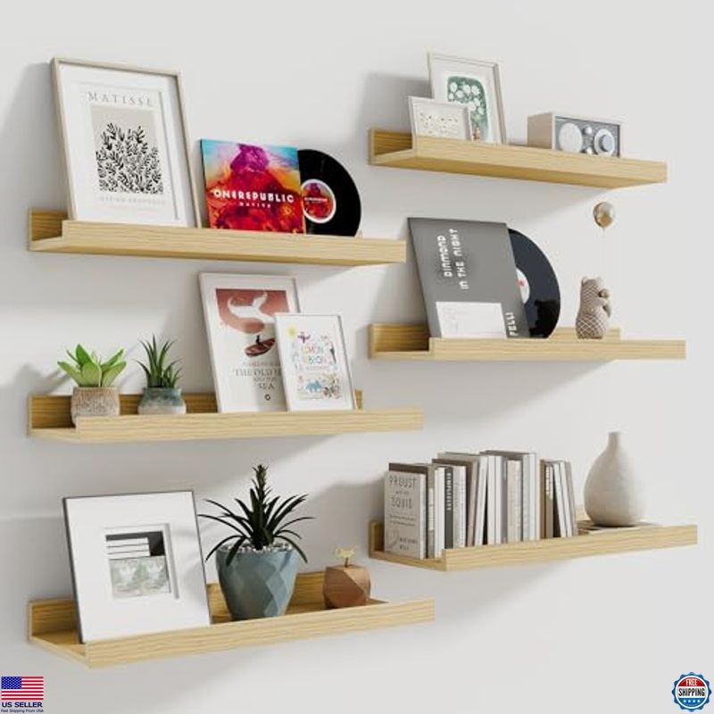 Set of 6 Fun Memories 16" Floating Picture Ledge Shelves, Oak Wall Storage Shelf