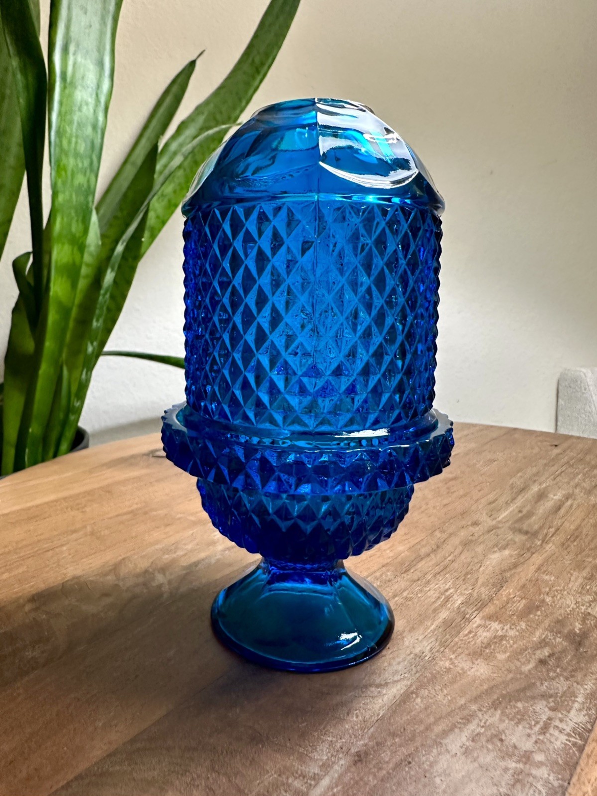 Vintage Viking Glass Bluenique Diamond Point 2 Pc. Fairy Lamp MCM Glimmer Light